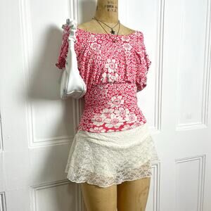 Floral pink/white semi off shoulder top with cowl top and cinched waist size XS